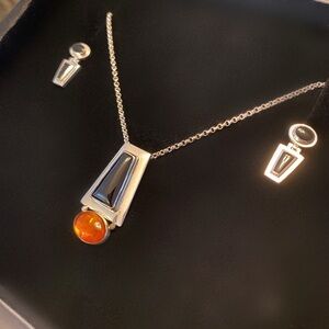 Jay King DTR Sterling Silver Black Onyx and Amber Pendant and Earrings